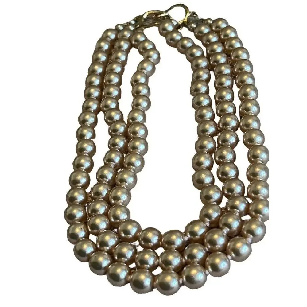 Vintage 3 Strand Faux Pearl Gold Tone Necklace Knotted 16